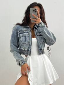 SHEIN ICON 女式长袖拉链休闲高街牛仔短款夹克 - 淺色水洗藍 - 查看 3