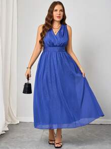SHEIN Clasi Robe élégante de soirée, de mariage ou pour invité de mariage en mousseline de soie bleu marine, sans manches et avec un décolleté plongeant pour femme grande taille. Idéale pour les vacances et une utilisation quotidienne. - Bleu marine - Voir 5