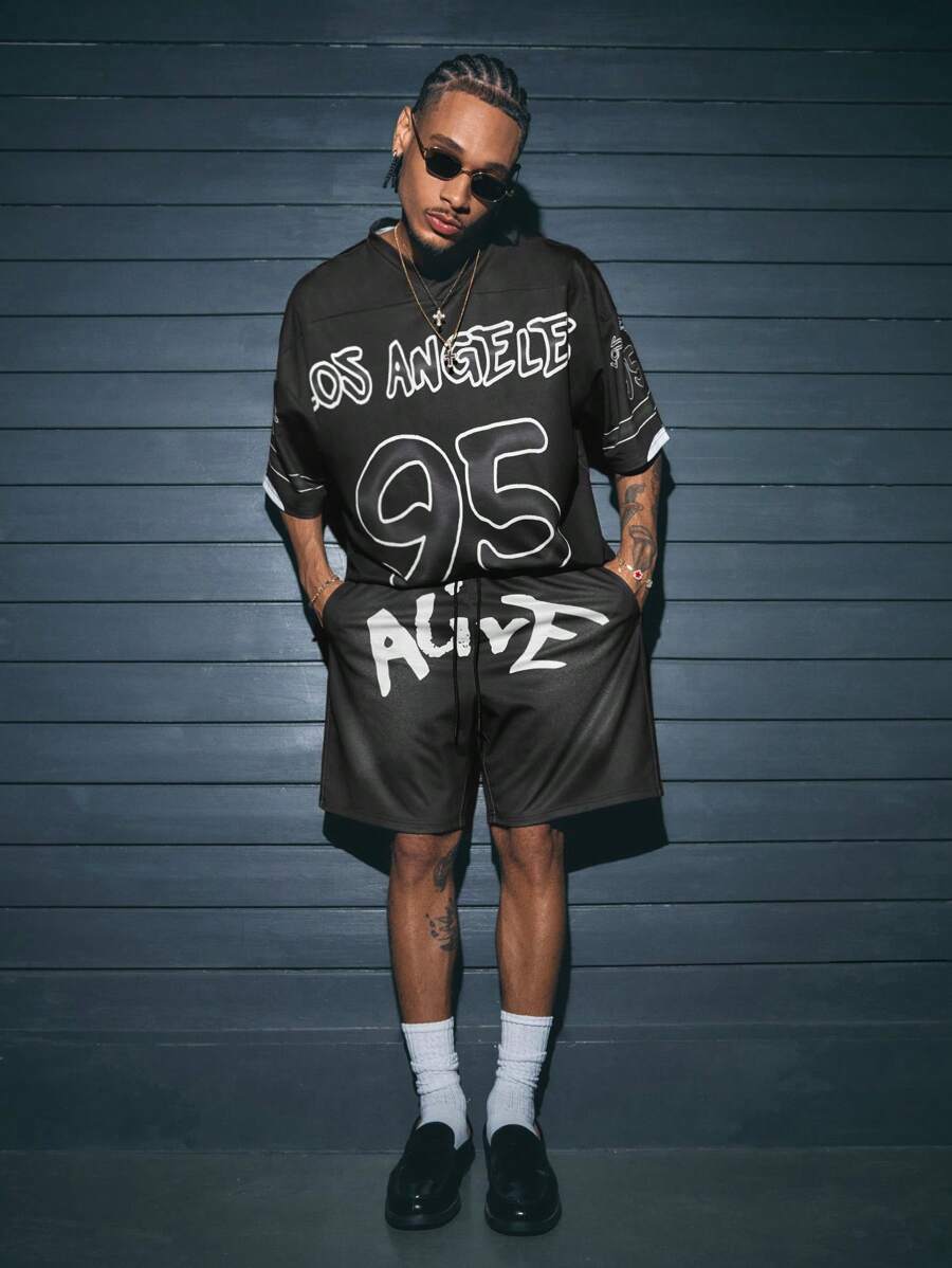 AXEPEAK 2pcs/Set Men V-Neck Short Sleeve Loose Oversized T-Shirt & Elastic Waist Shorts Sets Summer Outfit - Black - View 1