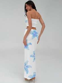Aloruh 2pcs Spring Elegant Sexy Fitted Lily Print Crop Top And Skirt Set, Suitable For Spring Break/Beach Holiday/Valentine's Day Romantic Date/Fashionable Outings/Concert Revelry Suitable For Going Out - Multicolor - View 2