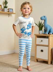 The Smurfs X SHEIN Ensemble Top manches courtes décontracté à épaules tombantes et pantalon rayé bleu pour jeune garçon, motif de bande dessinée