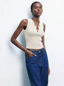 Maija Women's Ivory Color Casual Sleeveless V-Neck Ribbed Knit Tank Top,Sexy&Fashionable Wear For Office/Business,Autumn Outfits For Women, Casual Blouses For Ladies - White - View 6