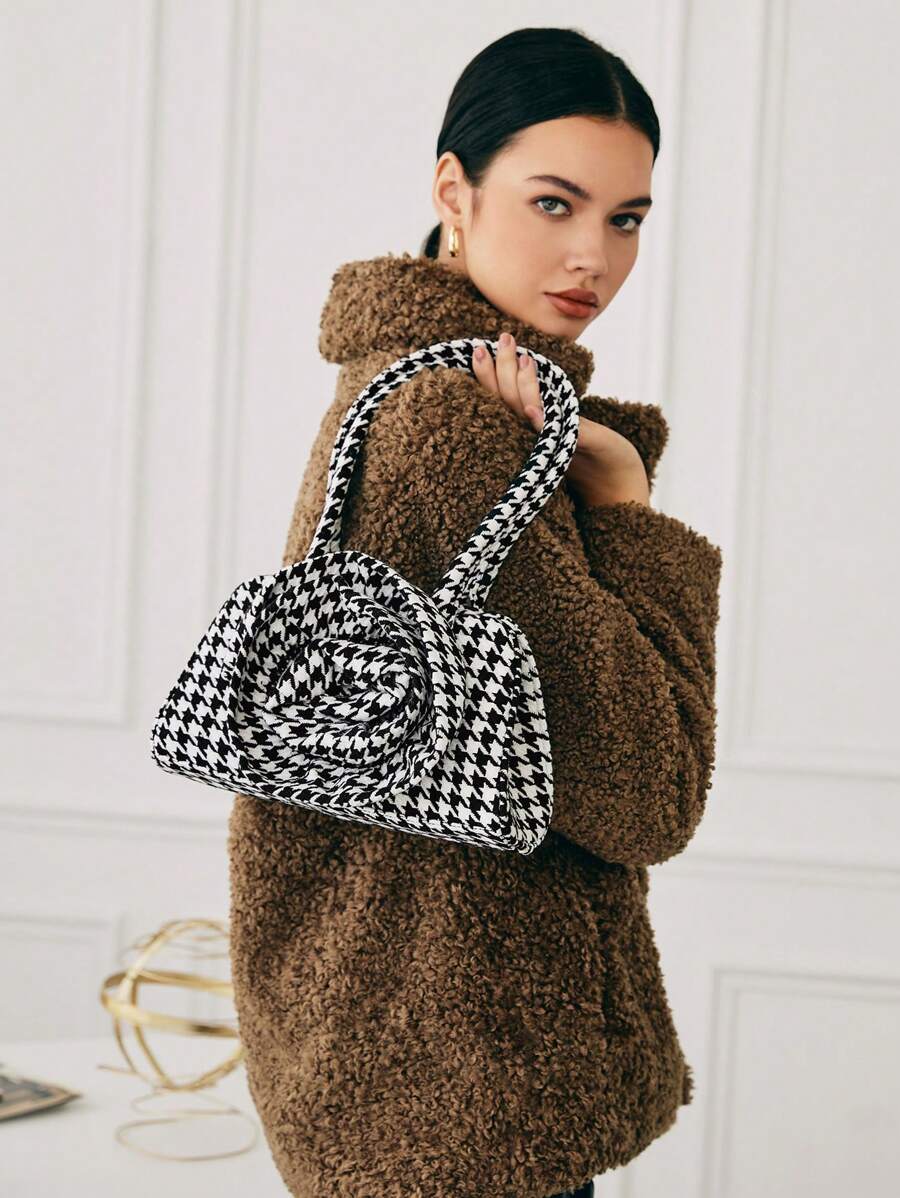 SHECARRY Geantă de umăr elegantă cu imprimeu Houndstooth pentru femei, potrivită pentru naveta și călătoriile zilnice