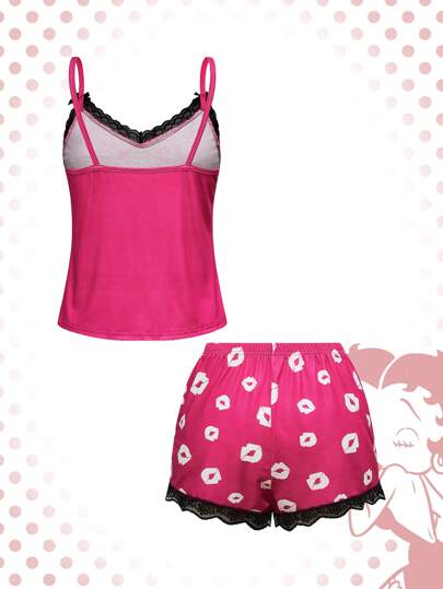 Betty Boop | ROMWE Conjunto de pijama informal de top camisero y shorts con encaje de contraste para mujer