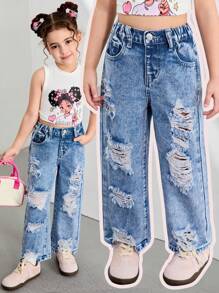 Girls Ripped Wide Leg Straight Denim Jeans, Loose Fit - Medium Wash - View 5