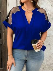 Breezaya Plus Size Women Elegant Romantic Contrast Mesh Heart Sheer Pattern Blouse, Suitable For Daily Casual - Royal Blue - View 1