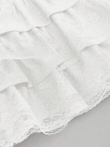 Sweetra Black Jacquard Textured Fabric With Lace Trim Y2K Layered A-Line Peplum Ruffle Skirt, Slimming Mini Skirt