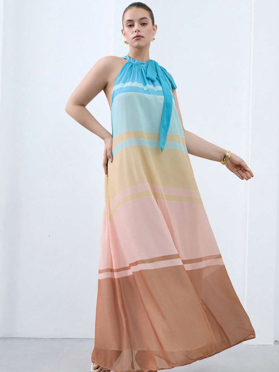 Aveloria Modichic New Loose & Comfortable Vacation Beach Design Chiffon Halter Dress With Gradient Striped Print, Plus Size Long Dress In Morandi Tones, Plus Size