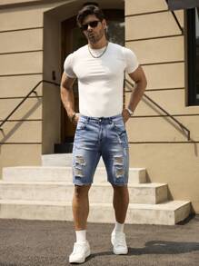 RivetRise Men's Summer Casual Washed Distressed Skinny Denim Shorts Jorts Ripped Jean Shorts Men