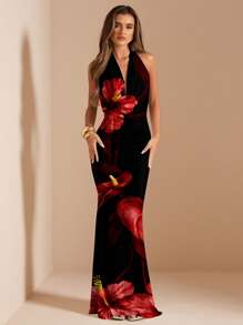 SHEIN BAE 花卉印花V领长款女士连衣裙，夏季 - 彩色 - 查看 4