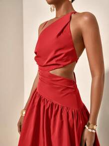 Zivah 新款春夏休闲度假单肩腰镂空不对称设计露背交叉吊带连衣裙-B - 紅色 - 查看 5