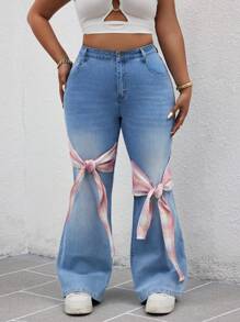 SHEIN SXY Plus Size Bow Patch Flare Jeans Summer For Women Festival Graduation Jeans - Blue - View 5