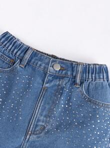 SHEIN Stylish Tween Girls Rhinestone Embellished Medium Wash Denim Shorts With Zipper - Medium Wash - View 4