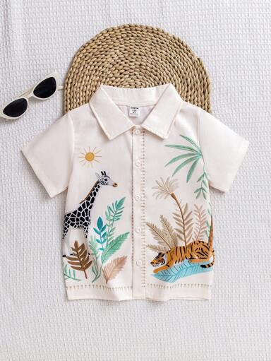 SHEIN Playful Pals Camisa de Manga Curta com Estampa de Animal e Planta em Estilo Cartoon para Meninos Jovens, Verão