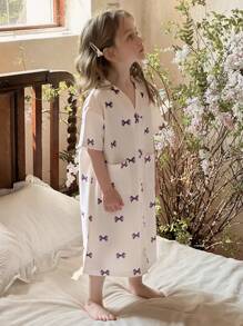 DAZY Young Girl V-Neck Knit Allover Print Nightgown Home Dress, Summer - White - View 7