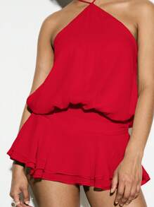 KIZN Chiffon Halter Neck Romper Playsuit With Blouson Top Ruffle Hem Summer Party Mini Length Beach Vacation Resort Wear