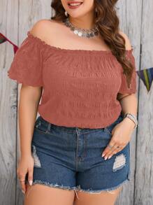 SHEIN Clasi Blusa de talla grande para mujer de color liso con volantes y manga corta descubierta de los hombros para vacaciones