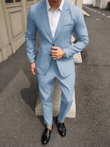 Manfinity Mode Men's Baby Blue Woven Fabric Two-Piece Suit: Long Sleeve Lapel Neckline Split Detail And Long Length For A Modern Look - Baby Blue - View 4
