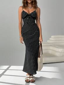 SHEIN EZwear 女士休闲度假波尔卡圆点印花细肩带连衣裙