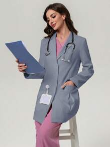 Scrubzie Anti-Wrinkle Women's 3-Pocket Lab Coat With Lapel - Blue - View 5