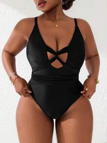 Slaydiva Plus Size Sexy Waist Cinching Hollow-Out One-Piece Swimsuit Suitable For Summer - Black - View 5