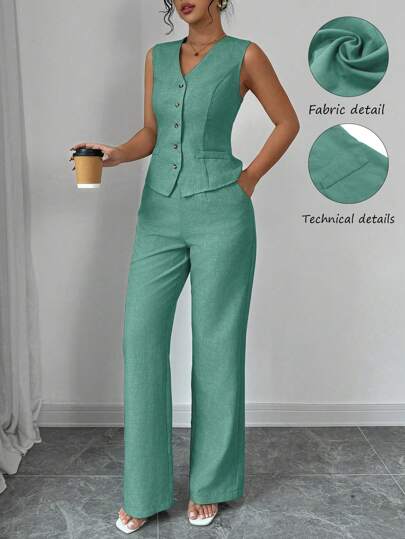 Selianne Women's Elegant Fashionable Commuter Casual Sleeveless V-Neck Elastic Waist Back Tie Vest And Straight Leg Pants Suit Set, Solid Color