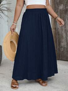 SHEIN VCAY Plus Size Solid Color Elastic Waist Slit Up To Thigh Casual Vacation Skirt