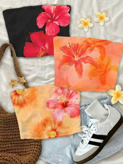 Attitoon 3pcs Set Tropical Floral Print Blouses, Vintage Retro Style, Casual Vacation Style, Sexy Style, Cute, Y2K Coconutgirl Boho Vacation, Bohemian, Music Festival, Suitable For Women Summer Tops,Tube Top Suitable For Going Out