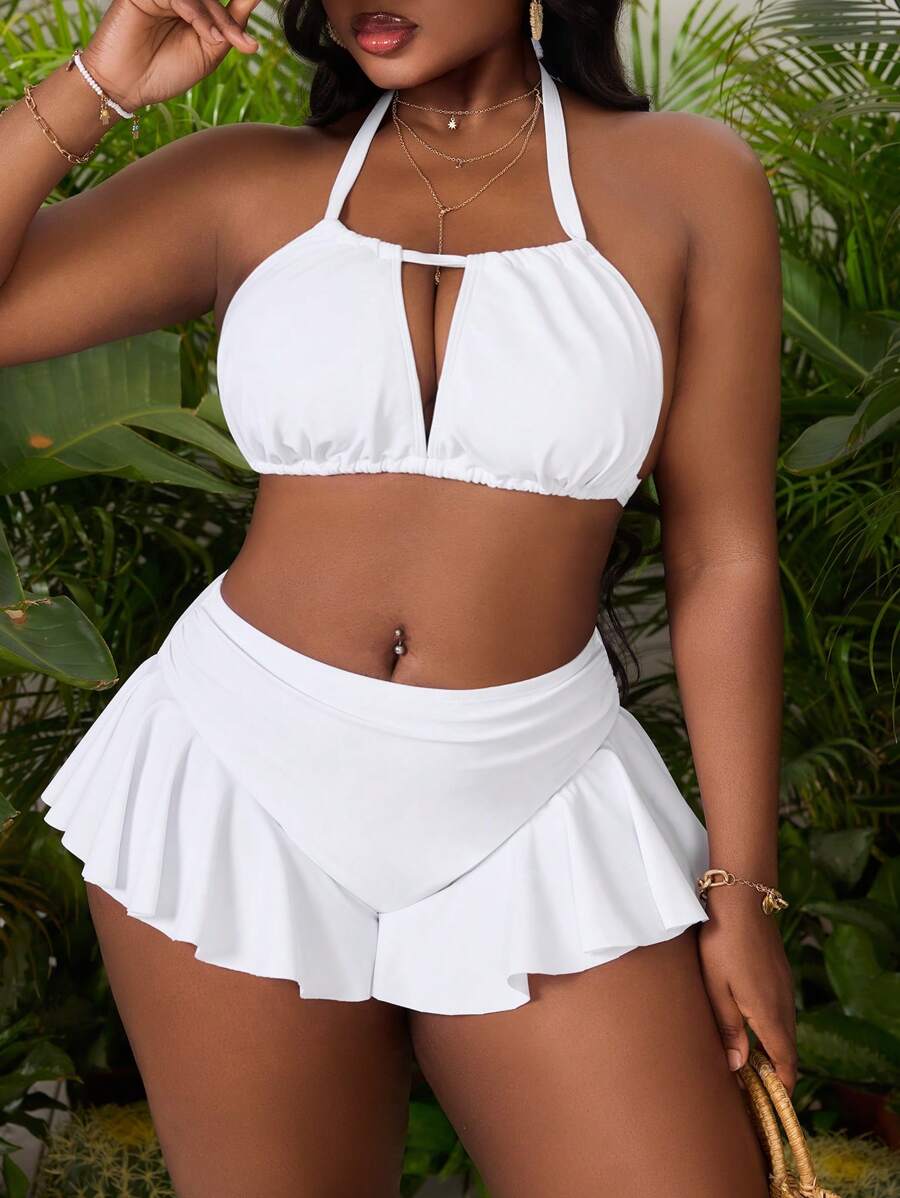 Slaydiva Plus Size Vacation Sexy Exaggerated Ruffled Bottom Swimsuit Set - White - View 1