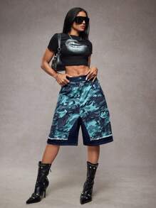 SHEIN ICON Short en jean mi-longueur style patchwork camouflage taille basse - Jean bleu - Voir 6