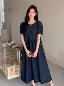 DAZY Women's Round Neck Short Puff Sleeve Casual Loose Denim Skater Dress