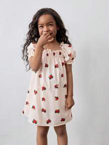 Maija Kids Maija Kids 年轻女孩时尚休闲花卉荷叶边方领泡泡袖迷你连衣裙，适合度假/居家/学校穿着，百搭复古风，春季 - 白色 - 查看 5