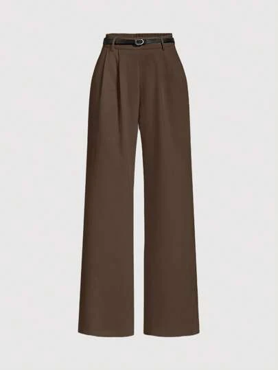 SHEIN MOD Coffee Brown Casual Office Ladies Suit Pants With Belt, Vintage Style Women Dress Pants,Business Casual Women In Fall/Winter
