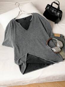 Comfortcana 大码休闲水洗灰色宽松 V 领短袖 T 恤，棉质面料，春夏 - 灰色 - 查看 1