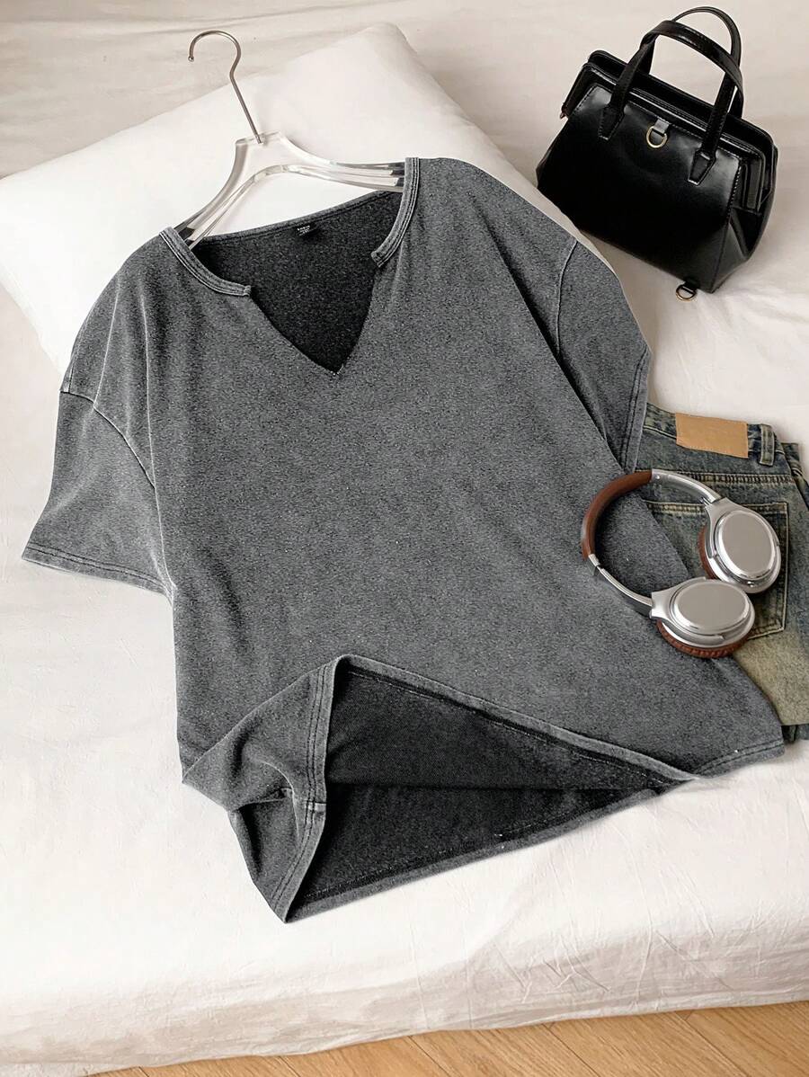 Comfortcana 大码休闲水洗灰色宽松 V 领短袖 T 恤，棉质面料，春夏 - 灰色 - 查看 1