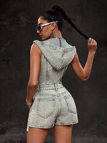 SHEIN ICON Women's Solid Color Sexy Hooded Denim Jumpsuit, Suitable For Summer - Army Green - View 2