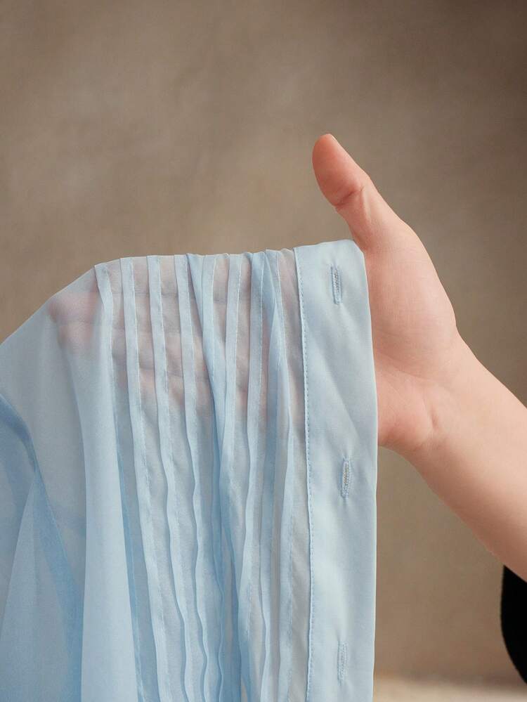 Elegant Blue Semi-Sheer Long Sleeve Shirt, Suitable For Spring, Summer, Holidays, Casual And Festivals