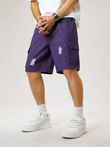 Manfinity Hypemode 男士休闲破洞翻盖口袋牛仔工装短裤，夏季 - 紫色 - 查看 6