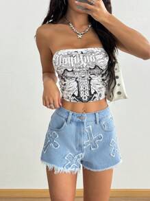 SHEIN Tall Street-Style Low-Waist Embroidered Frayed Hem Denim Shorts, Tall Women - Light Wash - View 5