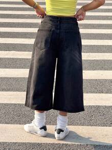 SHEIN EZwear Women Y2k Baggy Jorts Vintage Wide Leg Long Jean Shorts Loose Fit Denim Shorts Grunge Vintage Streetwear - Black - View 2