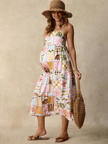 SHEIN Pregnant Women Floral Printed Holiday Casual Sleeveless Dress Summer Clothing  Boho   Ruffle - Multicolor - View 1