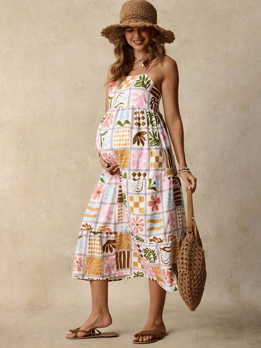 SHEIN Pregnant Women Floral Printed Holiday Casual Sleeveless Dress Summer Clothing  Boho   Ruffle - Multicolor - View 1