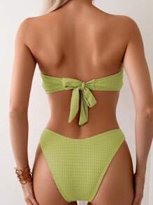 SHEIN Swim 女士 3D 花卉装饰抹胸比基尼套装，适合夏季 - 綠色 - 查看 8