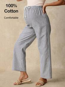 SHEIN Comfortable 100% Cotton Maternity Pants: Blue Striped Casual Long Woven Fabric Drawstring Pants For Everyday Wear