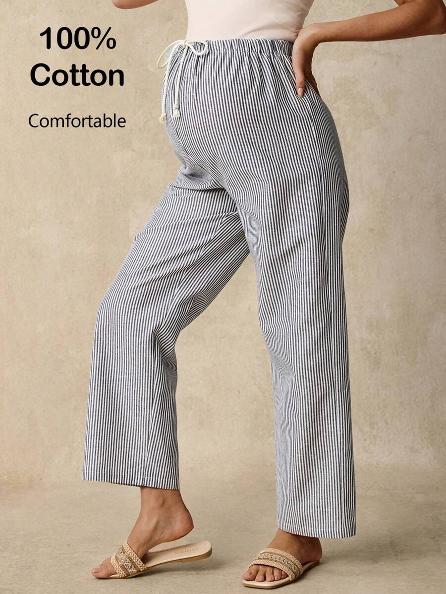 SHEIN Comfortable 100% Cotton Maternity Pants: Blue Striped Casual Long Woven Fabric Drawstring Pants For Everyday Wear