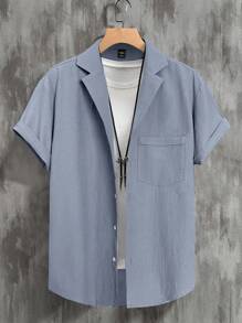 Manfinity RSRT Men's Minimalist Solid Color Front Button Short Sleeve Shirt, Summer