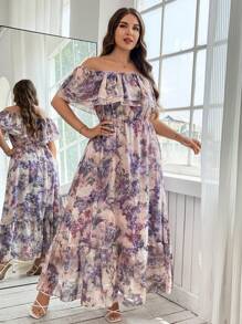 SHEIN CURVE+ 大码女式浪漫休闲优雅紫色印花双层褶皱边单肩领A字超长雪纺飘逸连衣裙 - 彩色 - 查看 5