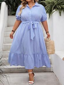 SHEIN CURVE+ Bohemian Style Blue & White Striped Print Ruffle Hem Tie Waist Casual Dress, Plus Size, Summer, Curve Plus, Boho Vacation Beach Outfits For Woman/Beach Dress/Beach Vacation Outfits/Beach Essentials / Graduation/Tea Party Dress