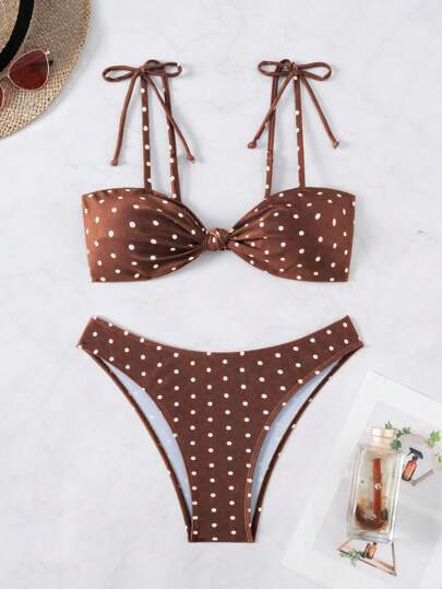Swim Basics 2pcs Women's Black & White Polka Dot Print Twisted Front Tie Bikini Swimsuit Set, Casual Vacation Beachwear For Summer
