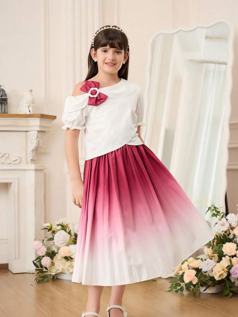 SHEIN 2pcs Girls Elegant Gradient Pleated Skirt & Bowknot Shoulder Top Sweet Outfit Set - Multicolor - View 1